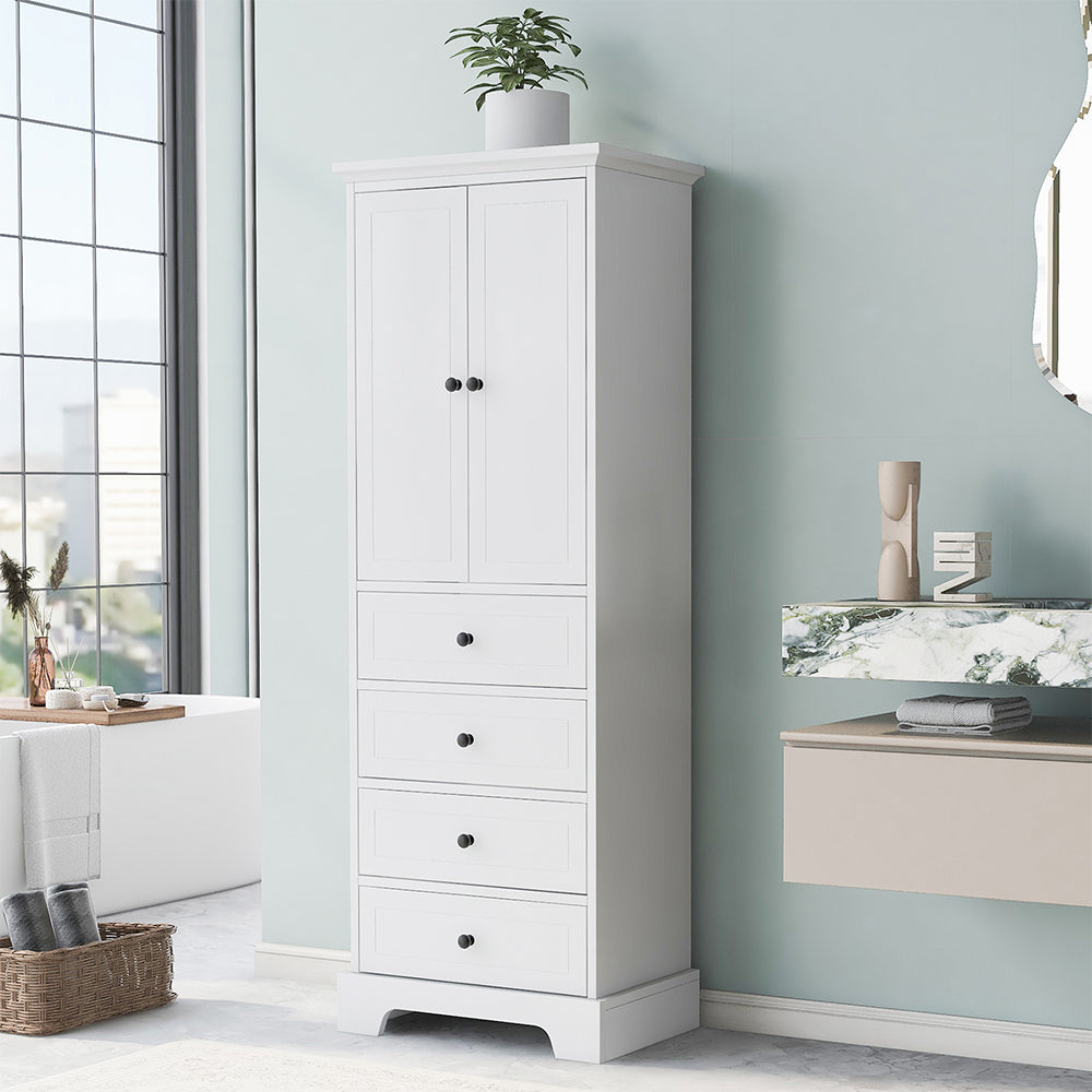 2-Doors & 4-Drawer Cabinet with Adjustable Shelf - White