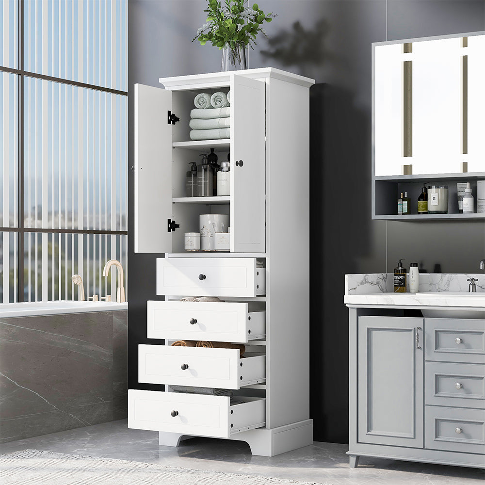 2-Doors & 4-Drawer Cabinet with Adjustable Shelf - White