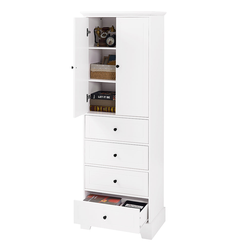 2-Doors & 4-Drawer Cabinet with Adjustable Shelf - White