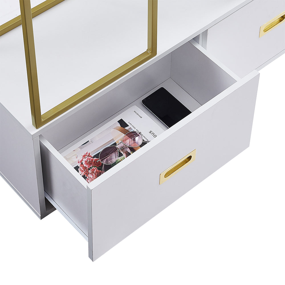 70.8 Inch Round Gold Frame Bookcase with Display Shelf and Two Drawers