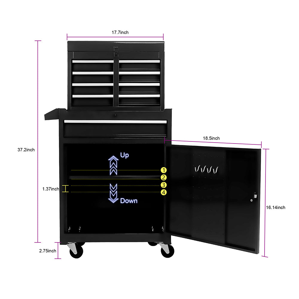 5-Drawer Tool Chest with Adjustable Shelf and Cabinet - Black