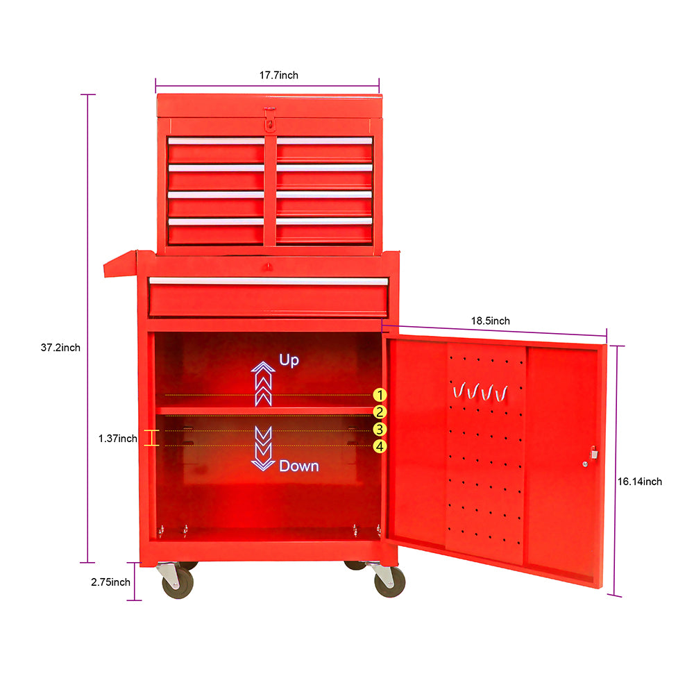 5-Drawer Tool Chest with Detachable Cabinet & Adjustable Shelf - Red
