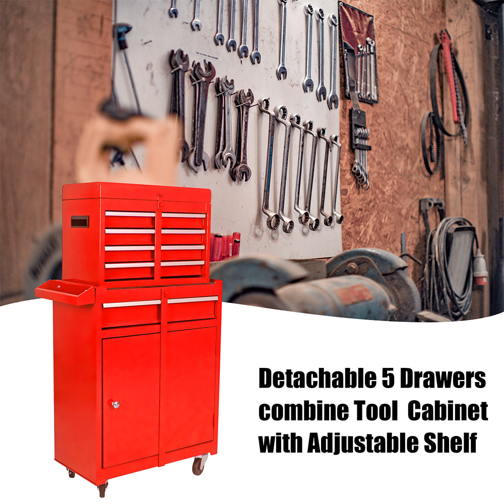 5-Drawer Tool Chest with Detachable Cabinet & Adjustable Shelf - Red