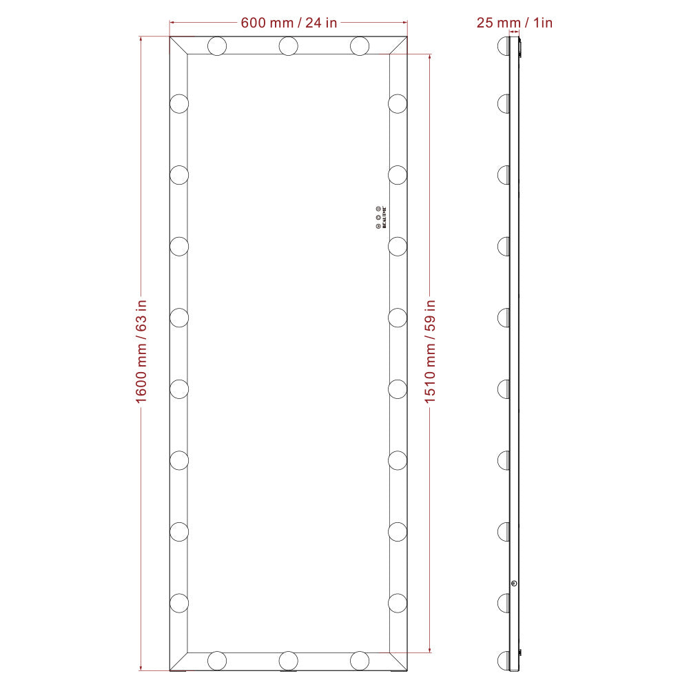 63x24 Inch Hollywood Full-Length Lighted Mirror - Silver