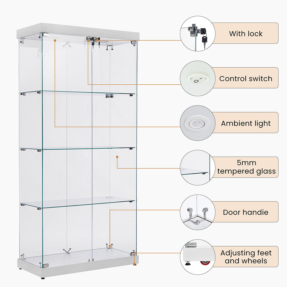 4-Tier Double Door Glass Display Cabinet