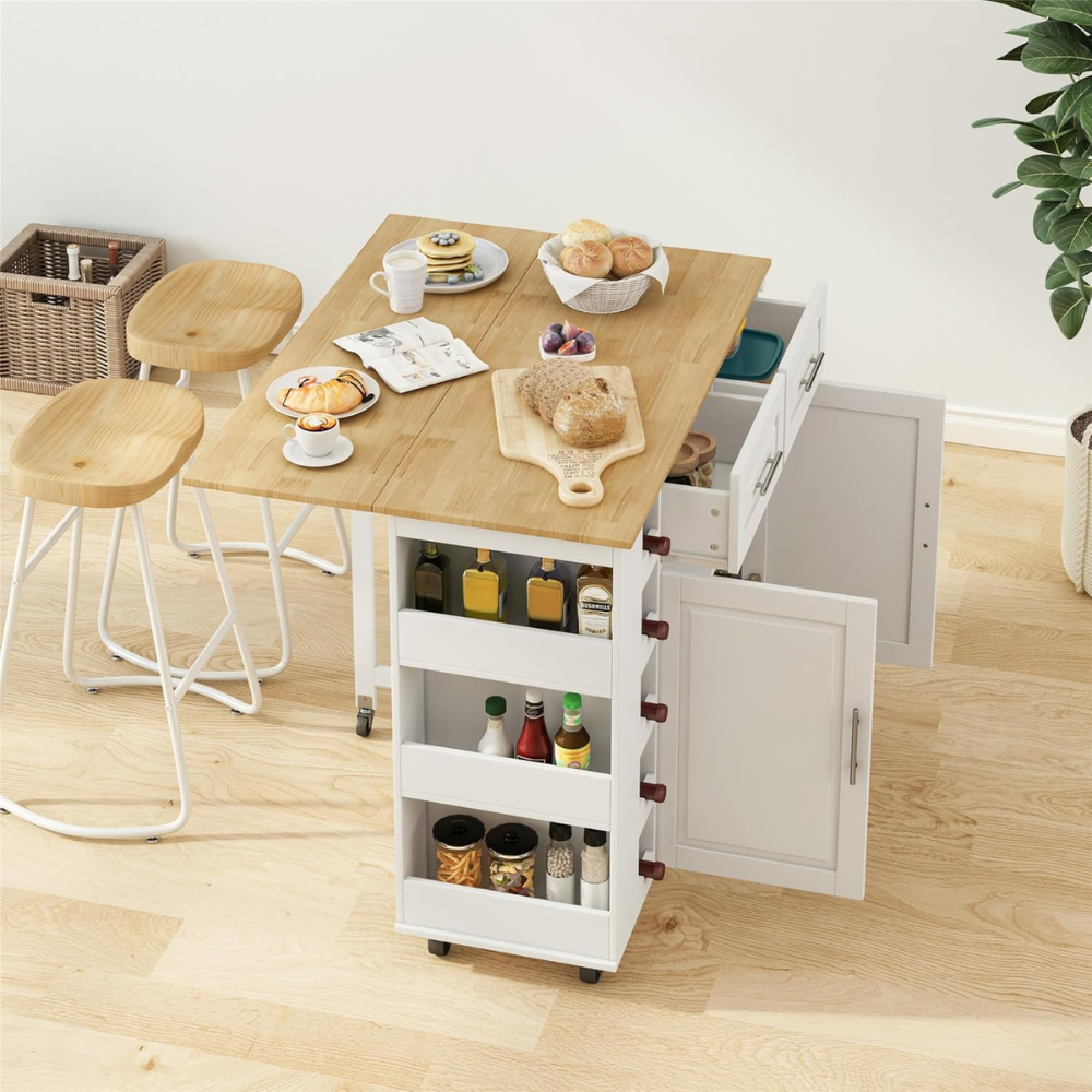 Multi-Functional Kitchen Island Cart with Cabinet, Drawers, Spice Rack, Towel Holder, Wine Rack, and Foldable Table Top
