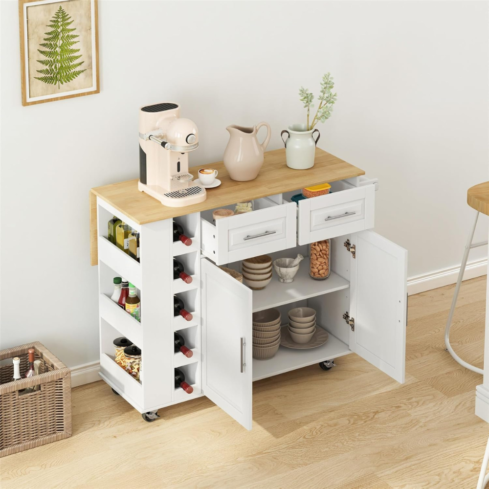 Multi-Functional Kitchen Island Cart with Cabinet, Drawers, Spice Rack, Towel Holder, Wine Rack, and Foldable Table Top