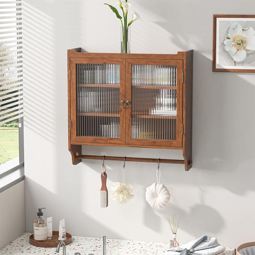 Vintage Glass Door Double Wall Cabinet with 3 Storage Tiers and Towel Rack