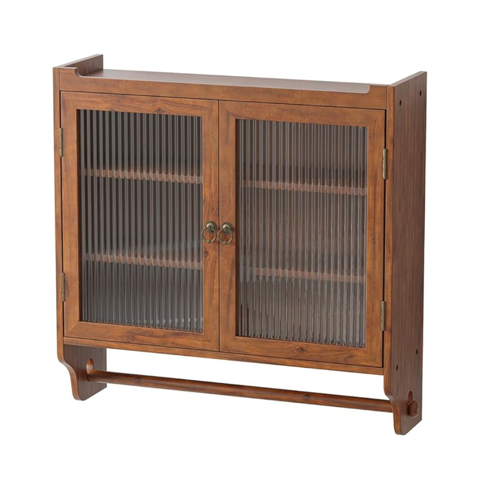 Vintage Glass Door Double Wall Cabinet with 3 Storage Tiers and Towel Rack