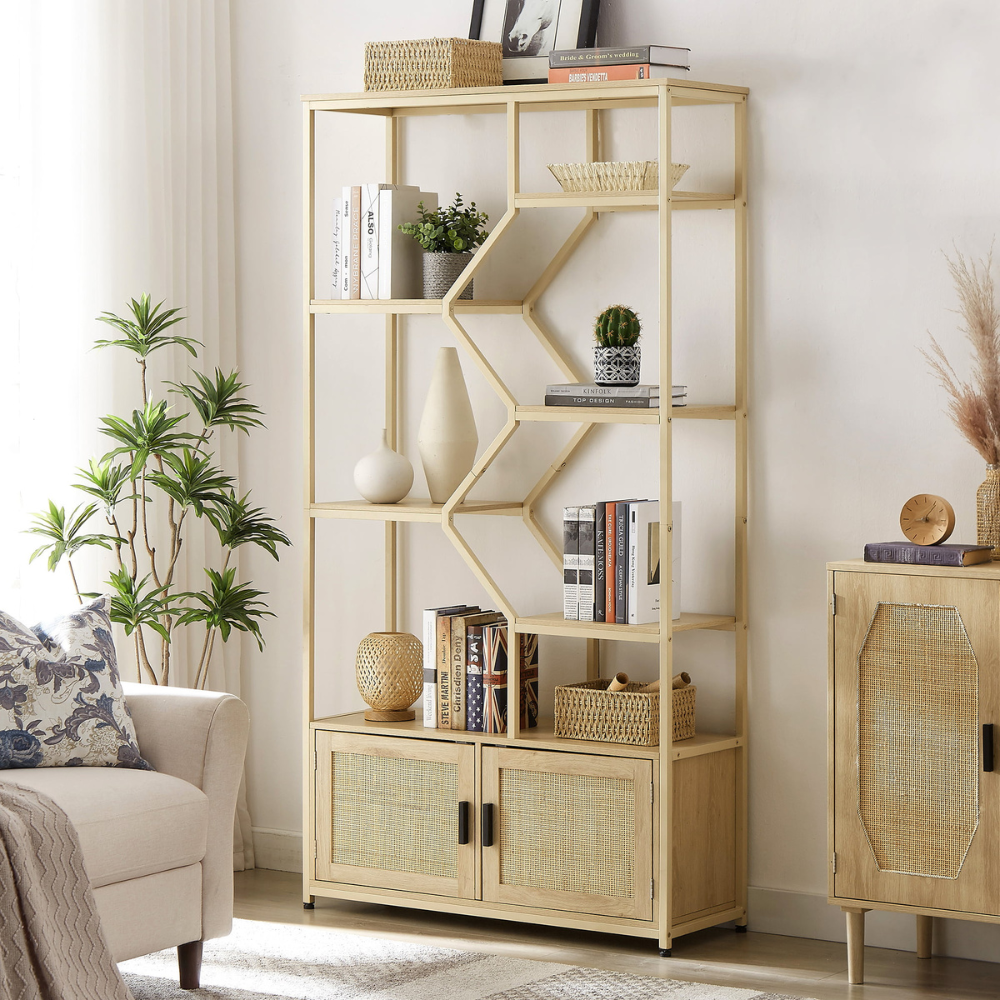 Natural Rattan Bookshelf with Cabinet