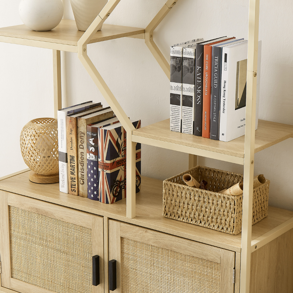 Natural Rattan Bookshelf with Cabinet