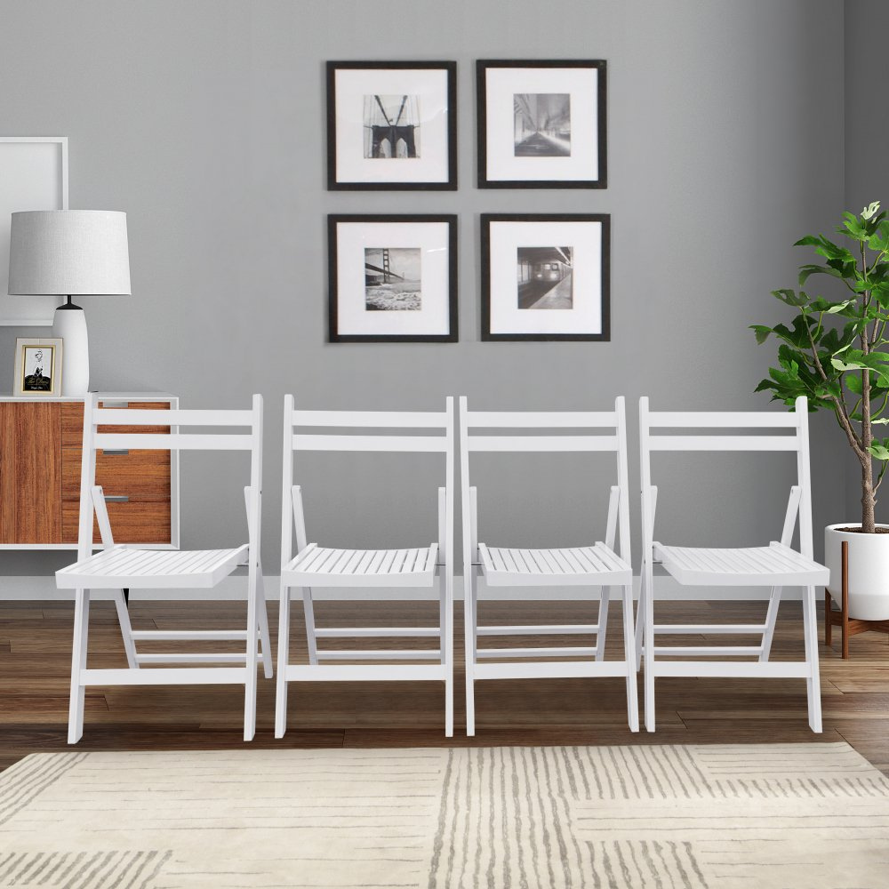 Set of 4 White Slatted Wood Folding Chairs