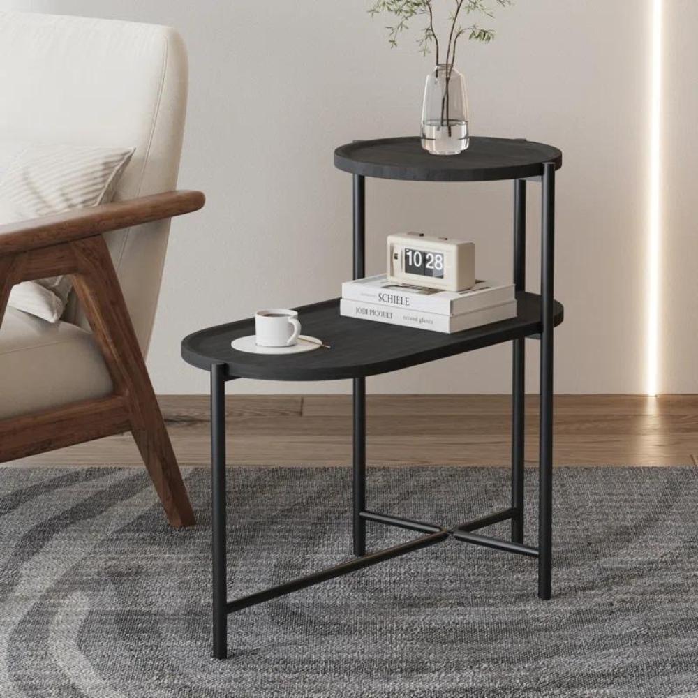 2-Tier Black Side Table with Storage
