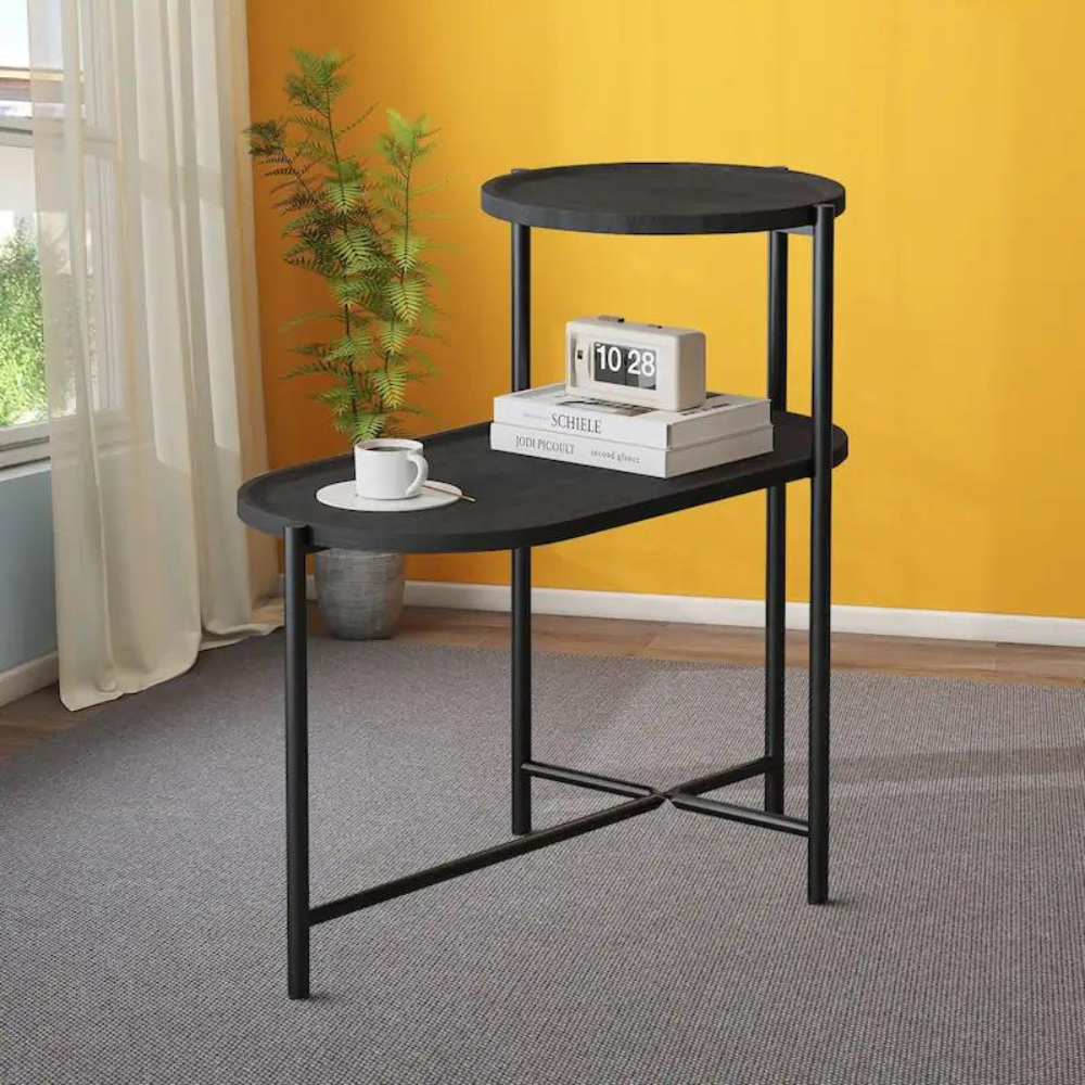 2-Tier Black Side Table with Storage