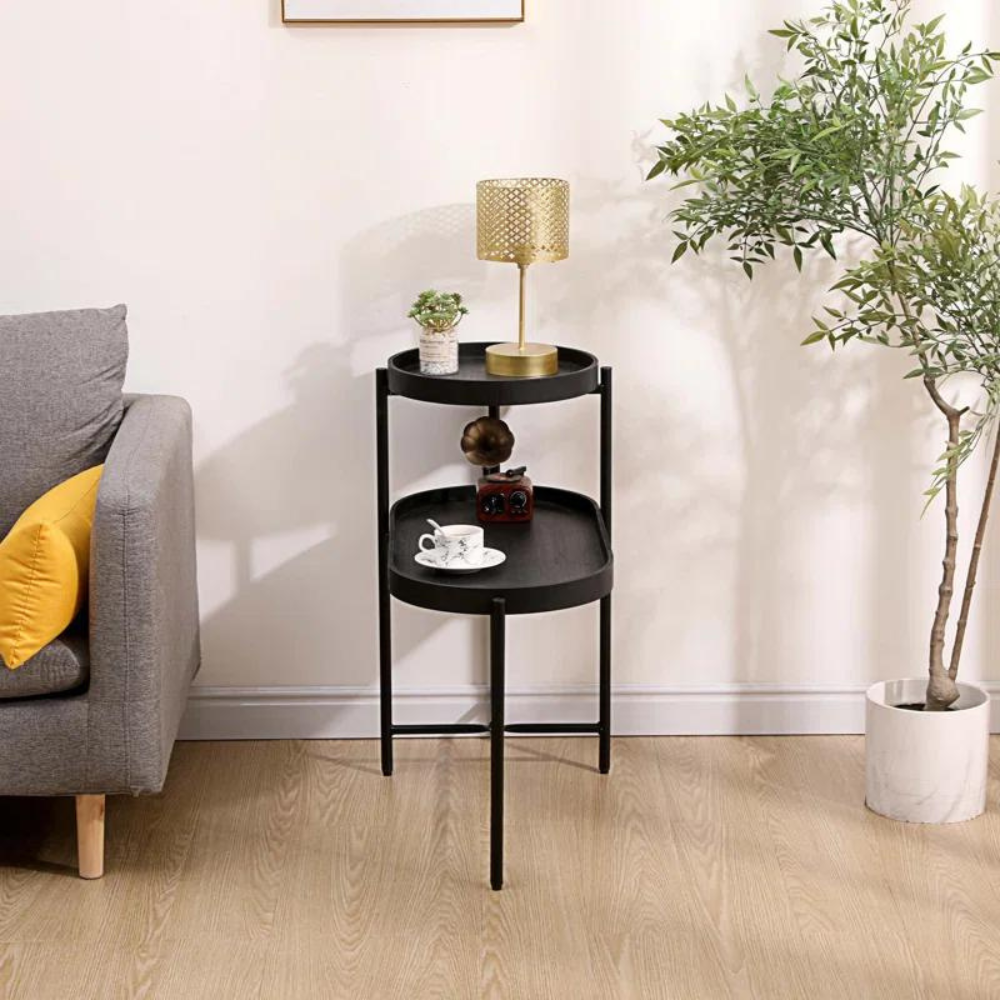 2-Tier Black Side Table with Storage