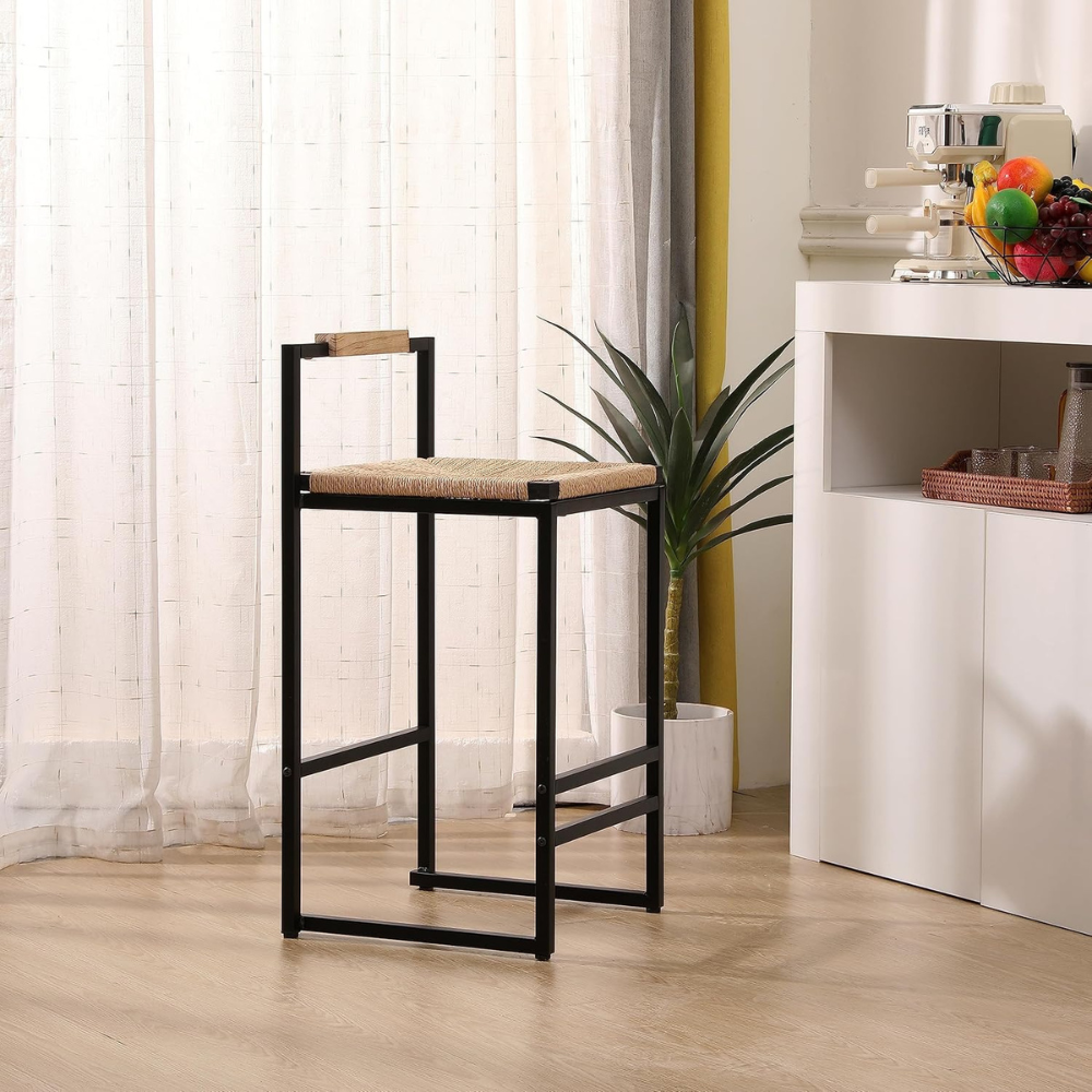 Set of 2 Paper Rope Woven Bar Stools with Back