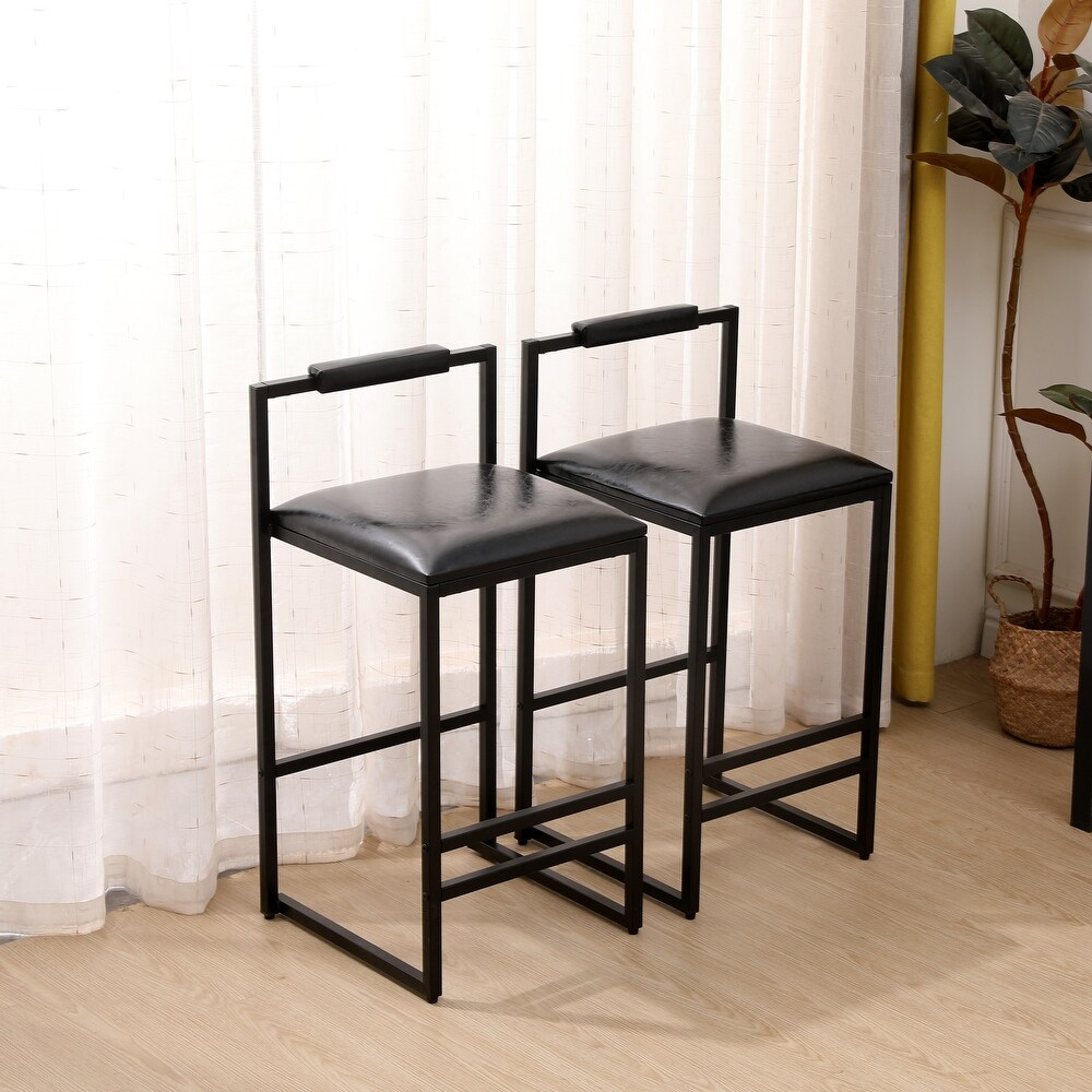 Set of 2 Black Bar Stools with Backrest and Footrest