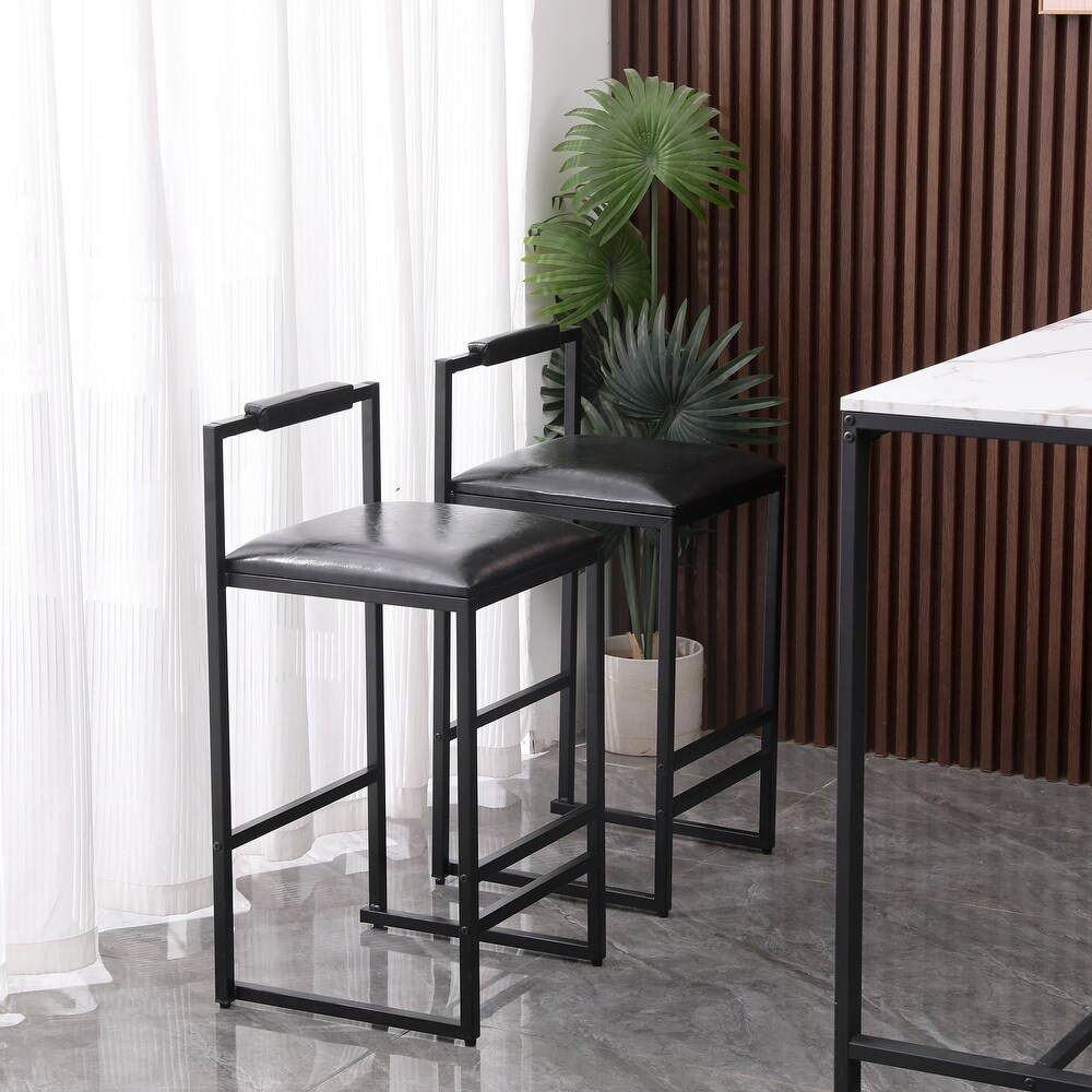 Set of 2 Black Bar Stools with Backrest and Footrest