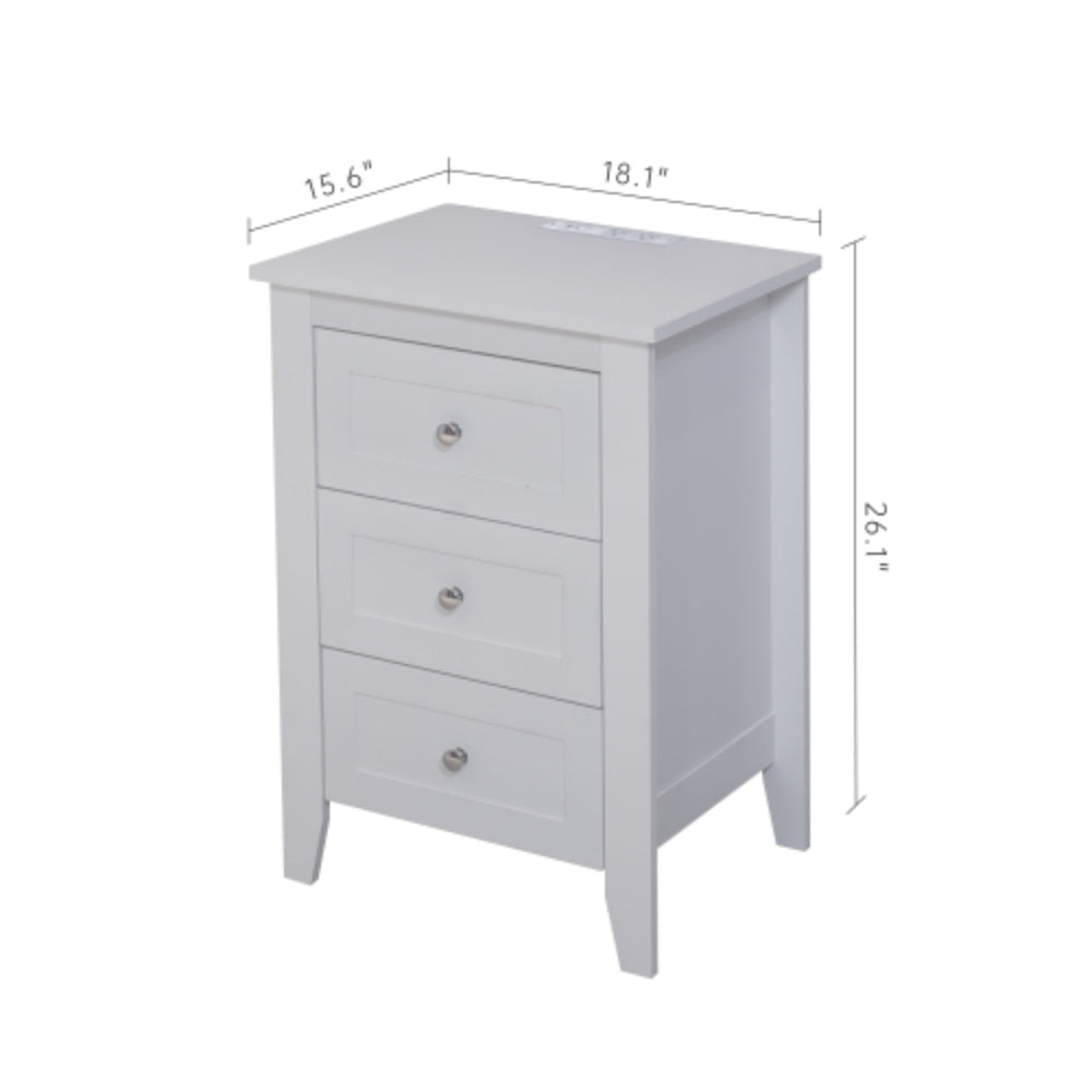 Modern 3 Tier White Drawers Nightstand with Charging Station USB Ports and Power Outlets
