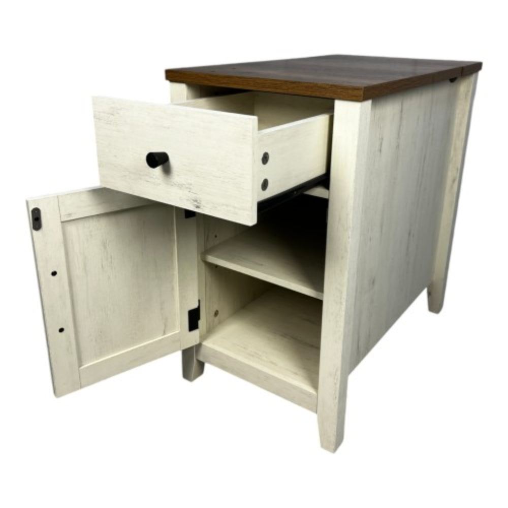 Farmhouse Brown and White End Table with Charging Station