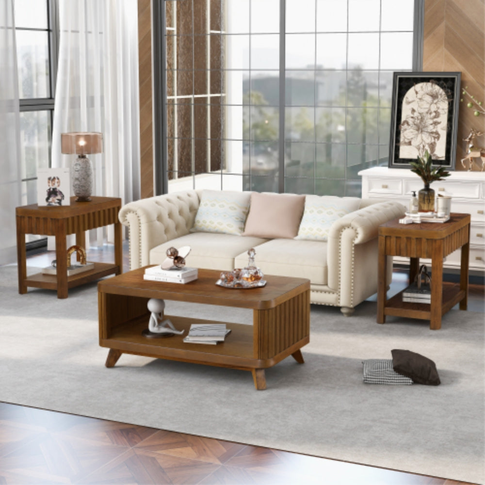 25 Inch Rectangular Farmhouse End Table with Storage Shelf in Walnut