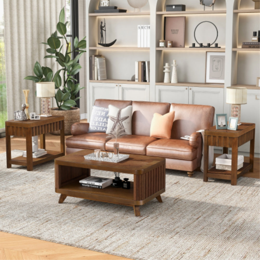 25 Inch Rectangular Farmhouse End Table with Storage Shelf in Walnut