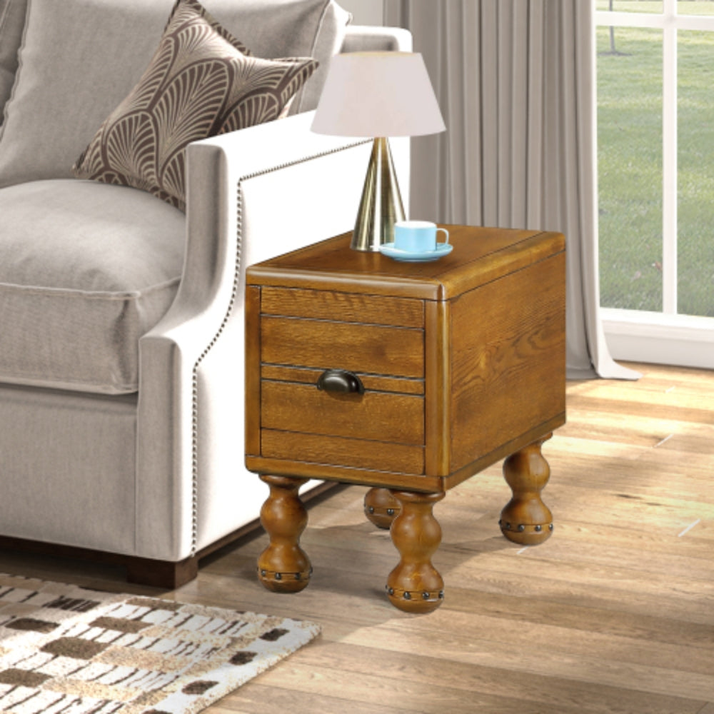 Vintage Solid Wood Side Table with Drawer in Antique Brown