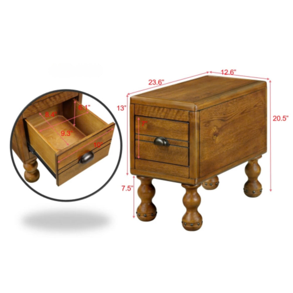 Vintage Solid Wood Side Table with Drawer in Antique Brown