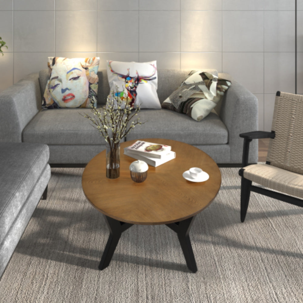 32 Inch Wood Round Coffee Table for Living Room in Walnut and Black Finish