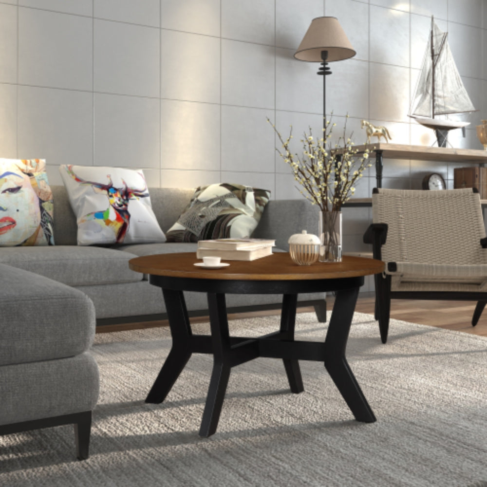 32 Inch Wood Round Coffee Table for Living Room in Walnut and Black Finish