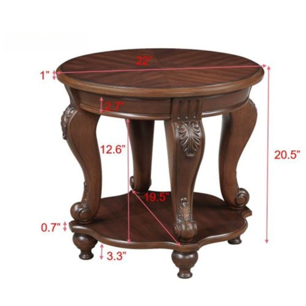 Vintage 22 Inch Round End Table with Shelf in Cherry Finish
