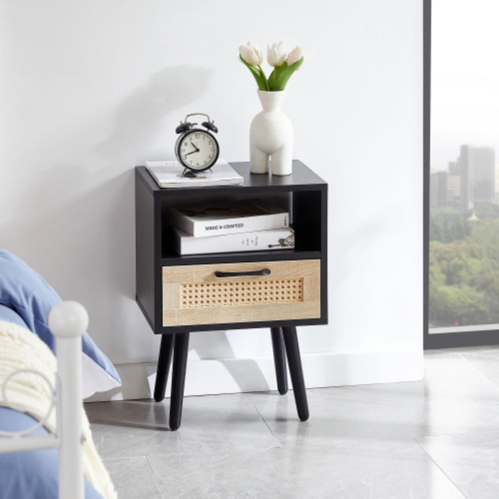15.75 Inch Rattan End Table with Drawer and Solid Wood Legs in Black