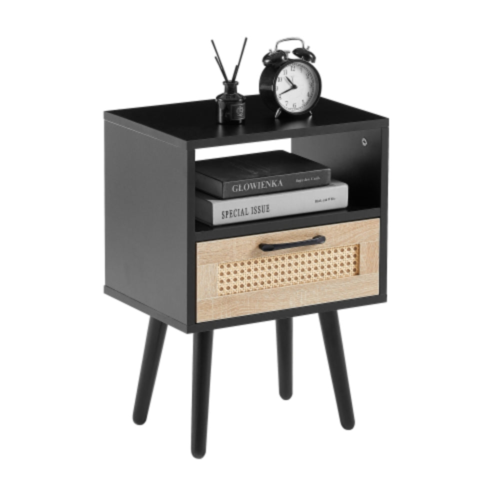 15.75 Inch Rattan End Table with Drawer and Solid Wood Legs in Black
