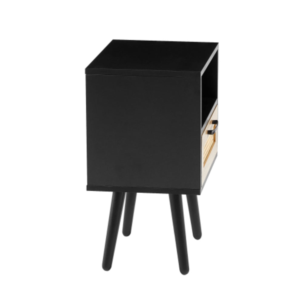 15.75 Inch Rattan End Table with Drawer and Solid Wood Legs in Black