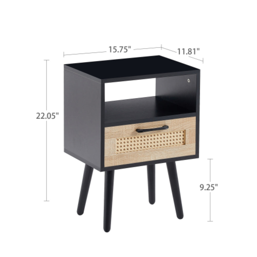 15.75 Inch Rattan End Table with Drawer and Solid Wood Legs in Black