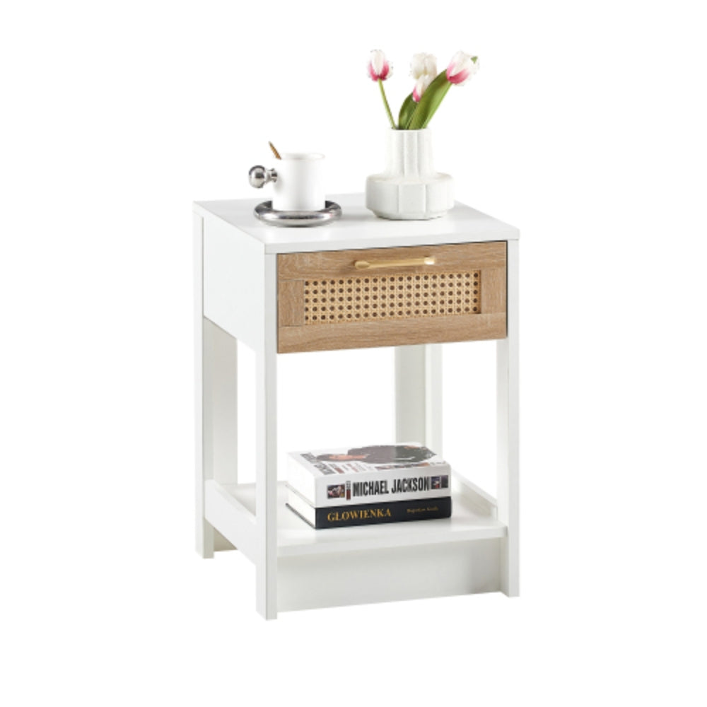 15.75 Inch Rattan End Table with Drawer in White Finish