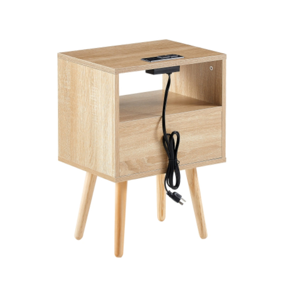 15.75 Inch Rattan End Table with Power Outlet and USB Ports in Natural Finish