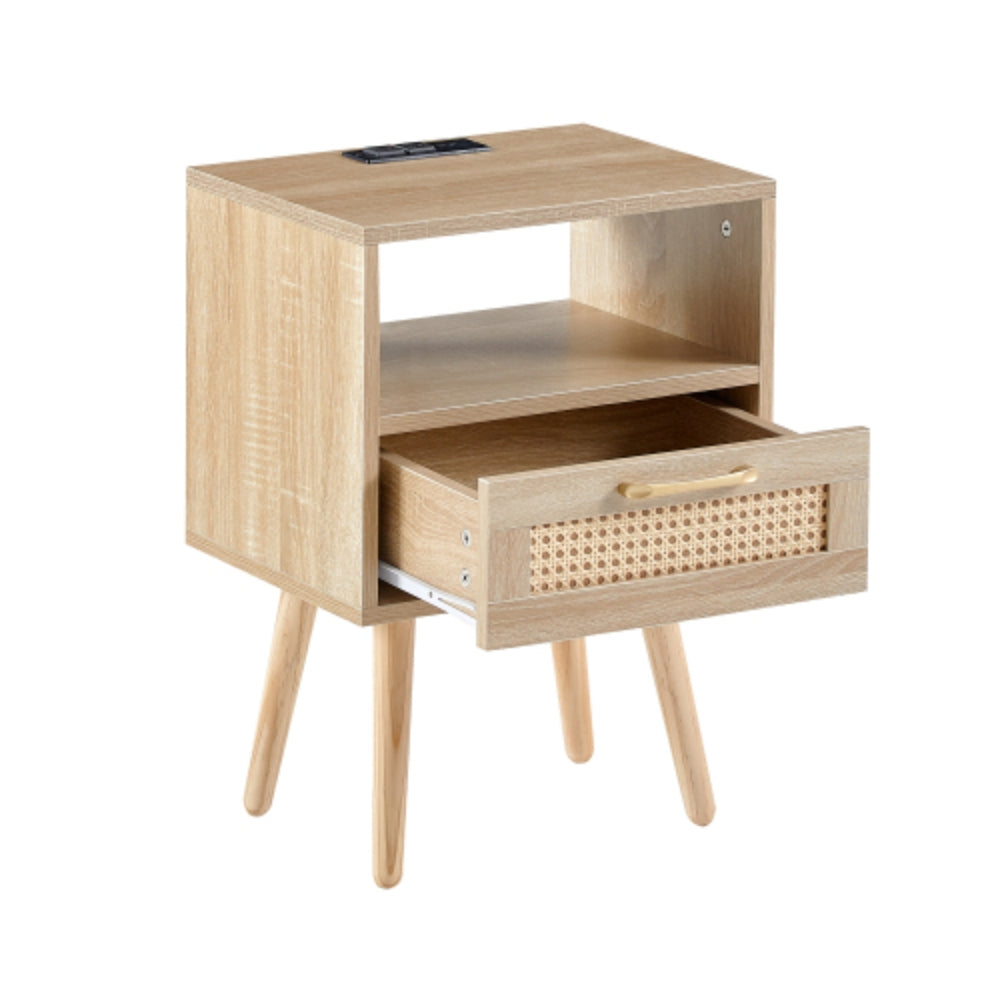 15.75 Inch Rattan End Table with Power Outlet and USB Ports in Natural Finish