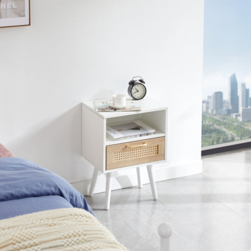 15.75 Inch White Rattan End Table with Drawer and Solid Wood Legs