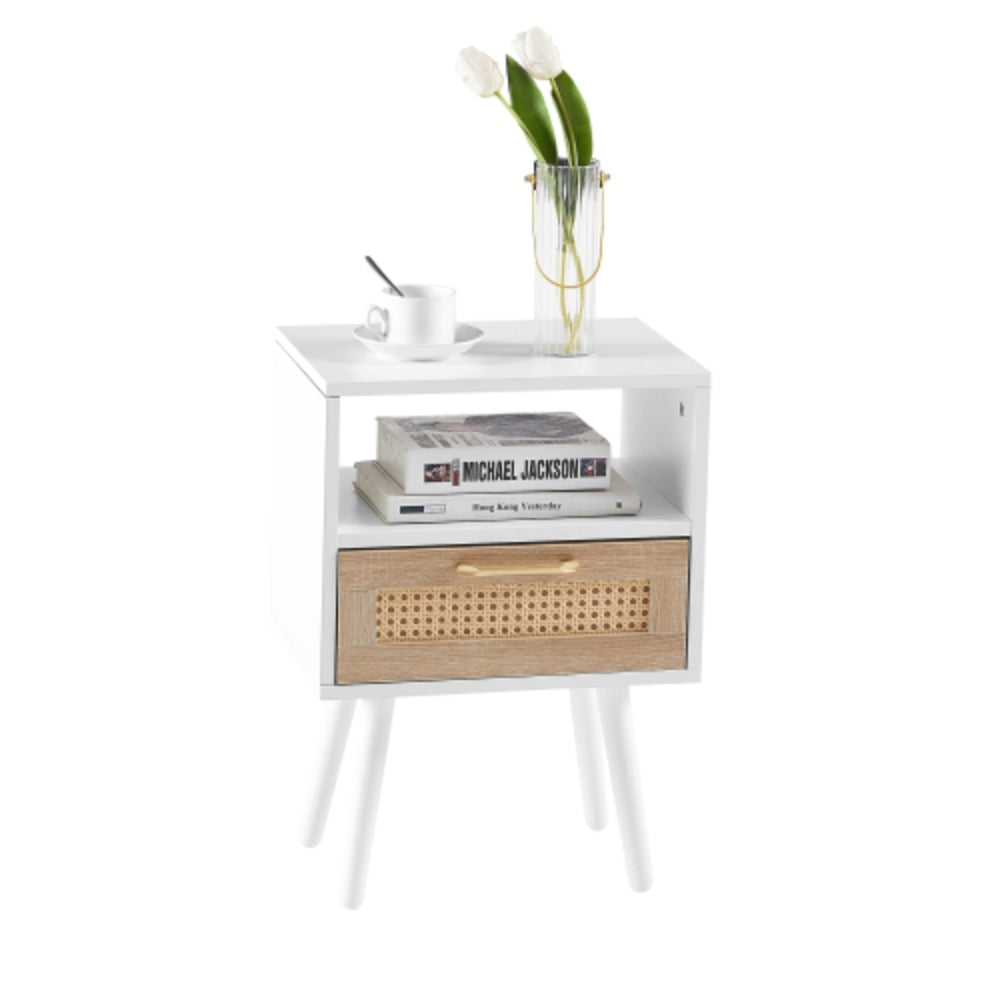 15.75 Inch White Rattan End Table with Drawer and Solid Wood Legs