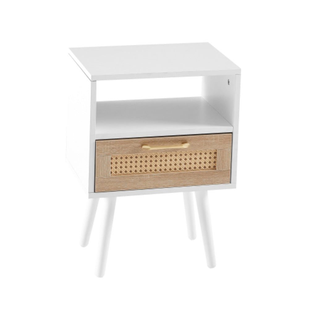 15.75 Inch White Rattan End Table with Drawer and Solid Wood Legs