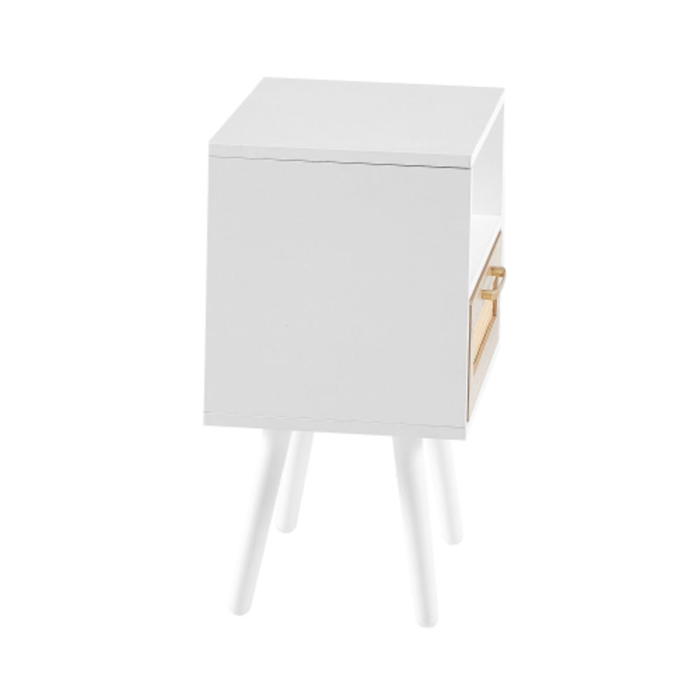 15.75 Inch White Rattan End Table with Drawer and Solid Wood Legs