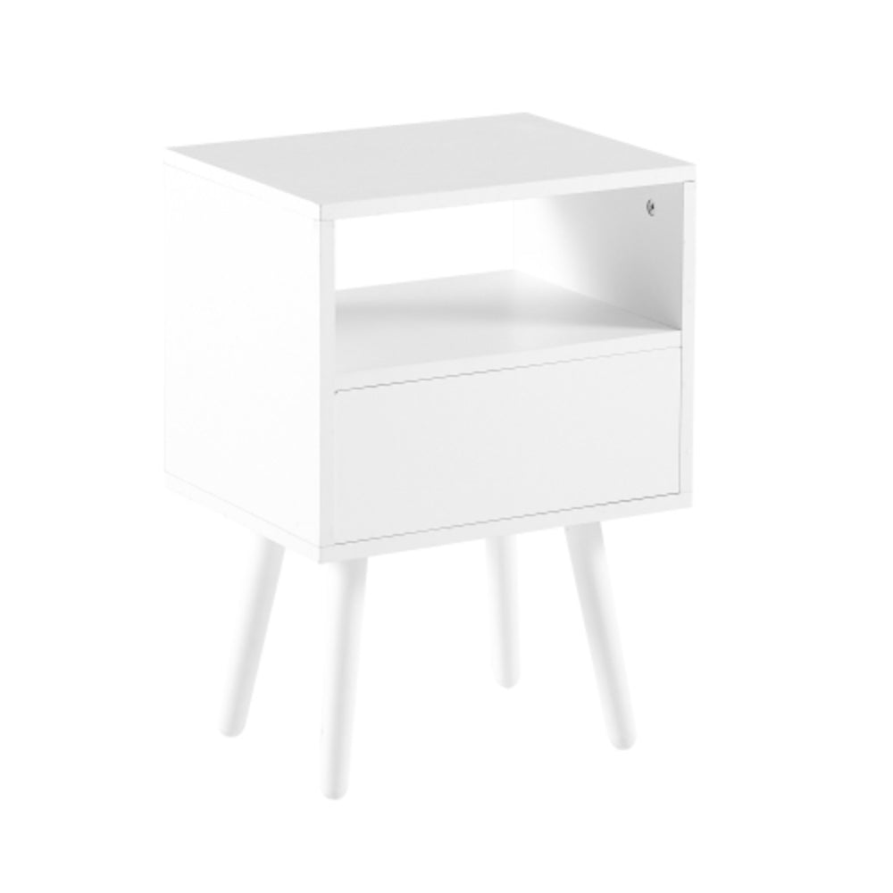 15.75 Inch White Rattan End Table with Drawer and Solid Wood Legs