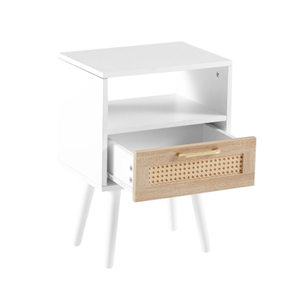 15.75 Inch White Rattan End Table with Drawer and Solid Wood Legs