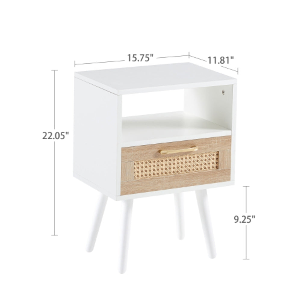 15.75 Inch White Rattan End Table with Drawer and Solid Wood Legs