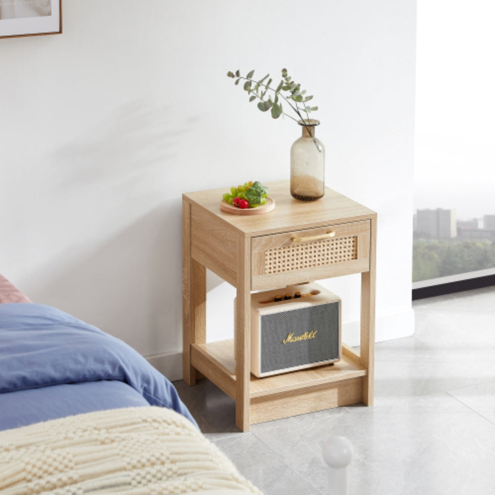 15.75 Inch Rattan End Table with Drawer in Natural Finish