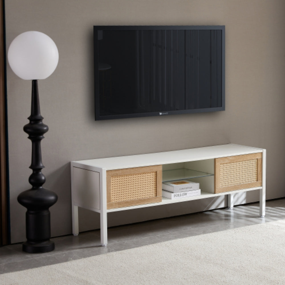 54.33 Inch Rattan TV Cabinet with Adjustable Color Light Strip in White Finish