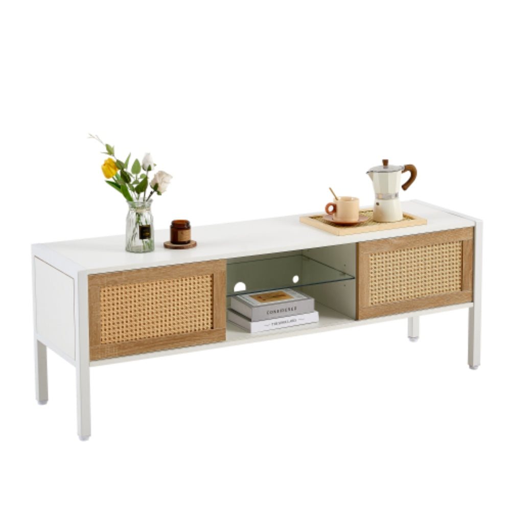 54.33 Inch Rattan TV Cabinet with Adjustable Color Light Strip in White Finish