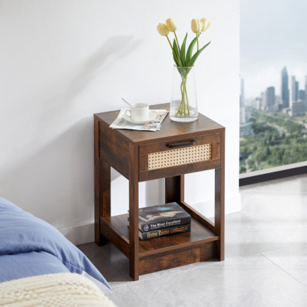 15.75 Inch Rustic Brown Rattan End Table with Drawer