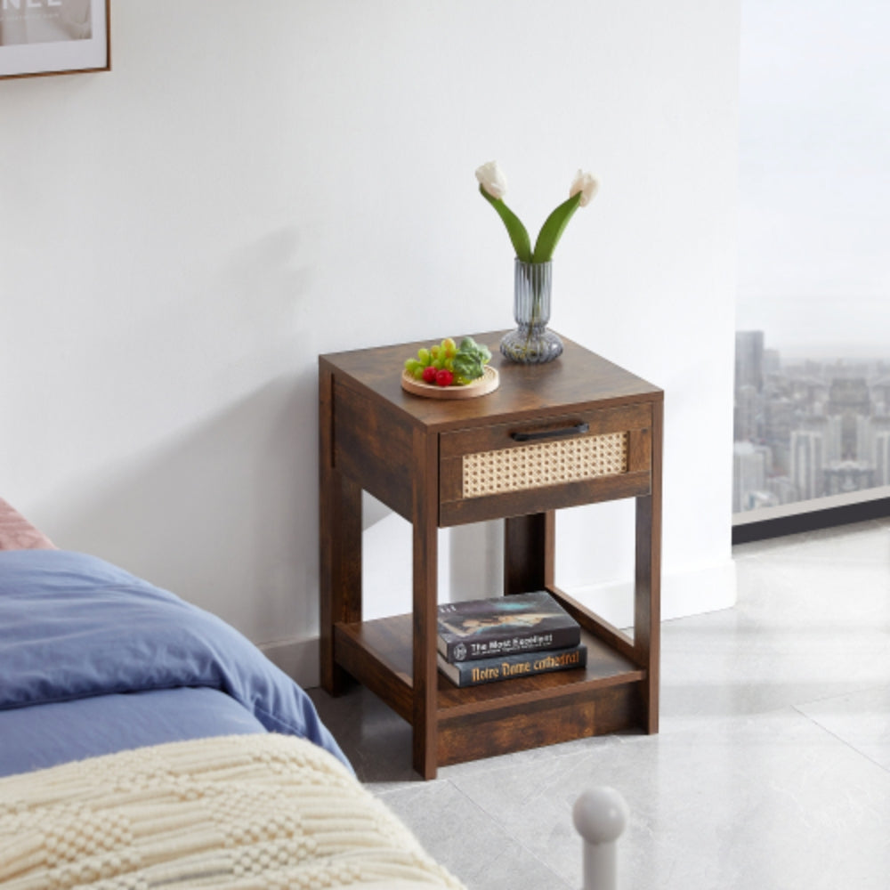 15.75 Inch Rustic Brown Rattan End Table with Drawer